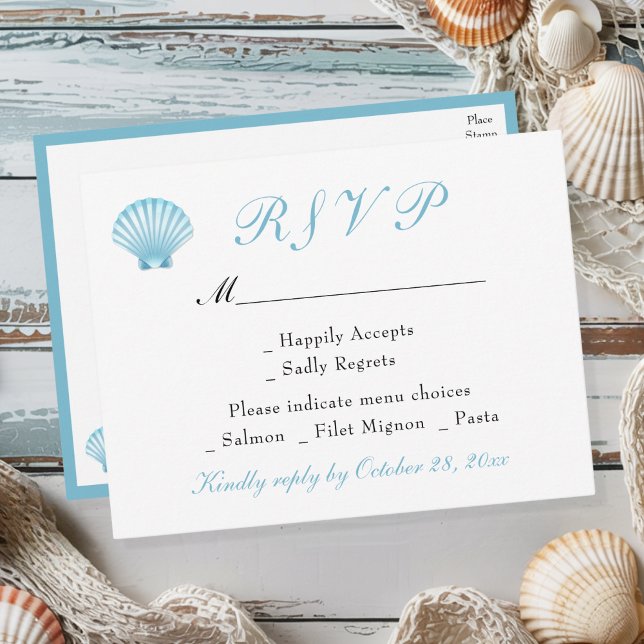 Seashell Coastal Romantic Summer Wedding RSVP Einladungspostkarte (Von Creator hochgeladen)