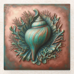 Seashell Copper und Patina Beach House Glasuntersetzer