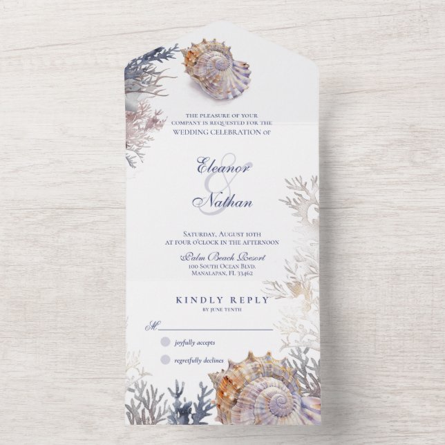 Seashell Corals Wedding All In One Einladung (Innen Boden)