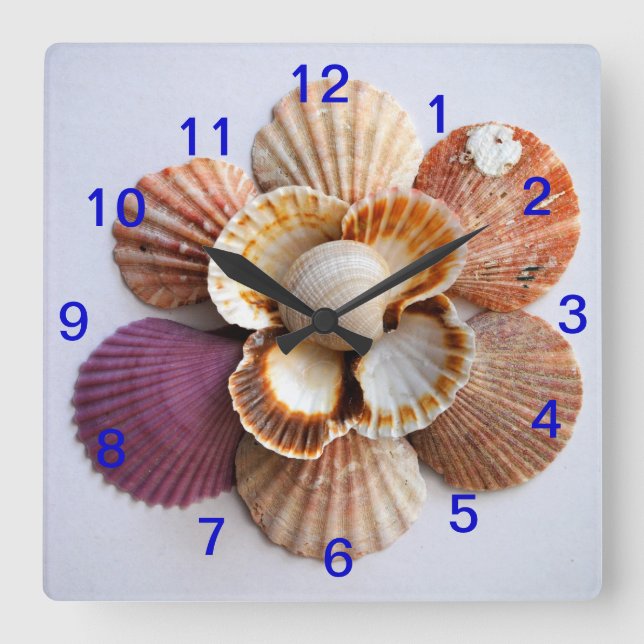 Seashell Flower Clock Square Quadratische Wanduhr (Vorderseite)