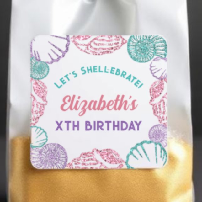 Seashell Girls Birthday Quadratischer Aufkleber (Von Creator hochgeladen)
