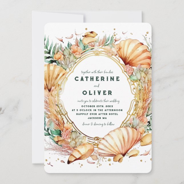 Seashell Gold Frame Ocean Summer Beach Hochzeit Einladung (Vorderseite)