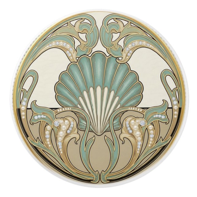 Seashell Green Cream & Gold Art Deco Nouveau Shell Keramikknauf (Vorderseite)