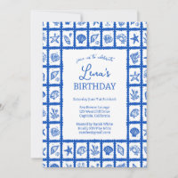 Seashell Grid Beach Birthday Party Blue CUSTOM