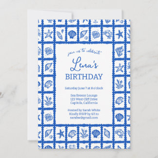 Seashell Grid Beach Birthday Party Blue CUSTOM Einladung