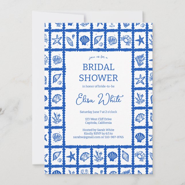 Seashell Grid Beach Brautparty Blue CUSTOM Einladung (Vorderseite)