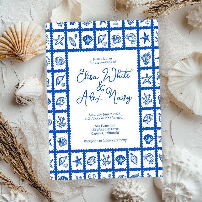 Seashell Grid Beach Hochzeit CUSTOM Einladung (Seashell Grid Beach Seaside Wedding CUSTOM Invitation
)