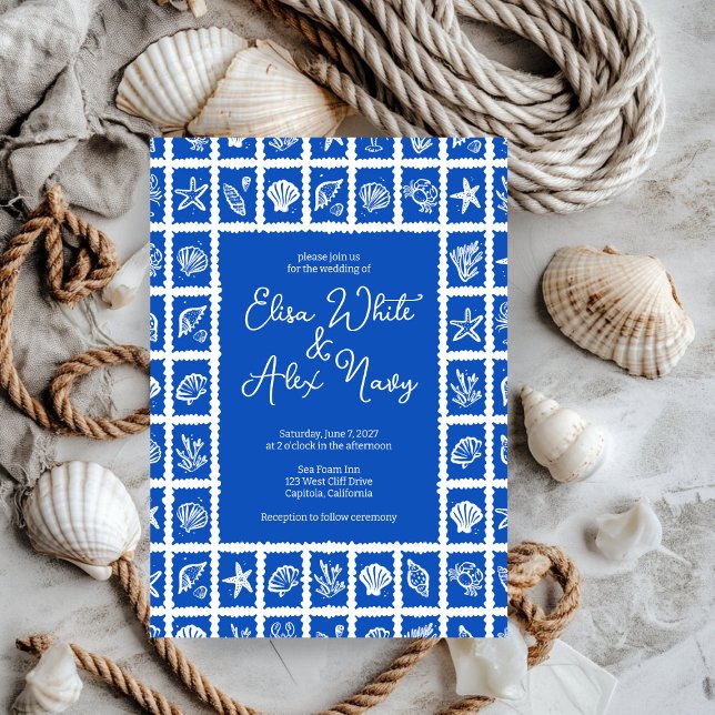 Seashell Grid Beach Hochzeit CUSTOM Einladung (Seashell Grid Beach Seaside Wedding CUSTOM Invitation
)