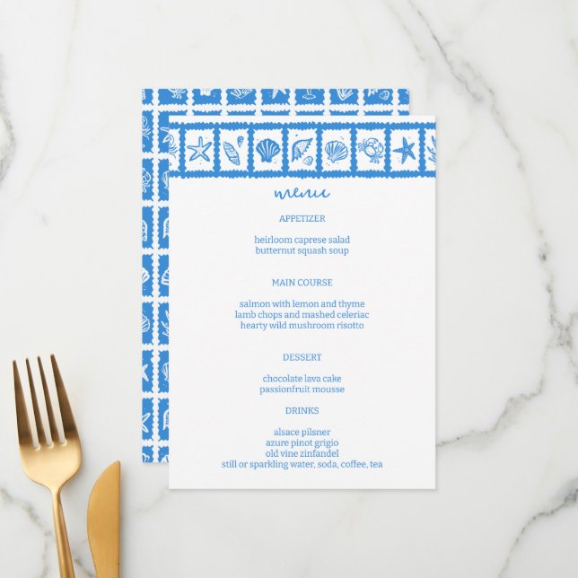 Seashell Grid Beach Wedding Blue White CUSTOM Menükarte (Vorderseite/Rückseite Beispiel)
