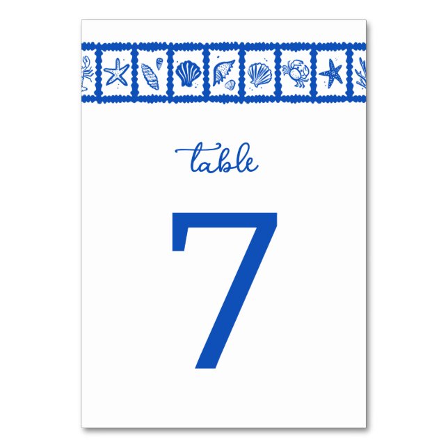 Seashell Grid Beach Wedding Blue White CUSTOM Tischnummer (Vorderseite)