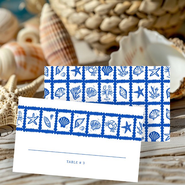 Seashell Grid Beach Wedding CUSTOM Platzkarte (Seashell Grid Beach Wedding CUSTOM Place Card
)