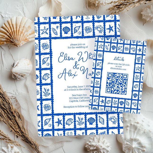 Seashell Grid Beach Wedding CUSTOM QR Code Begleitkarte (Seashell Grid Beach Wedding CUSTOM QR Code Enclosure Card
)