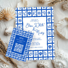Seashell Grid Beach Wedding CUSTOM QR Code Begleitkarte