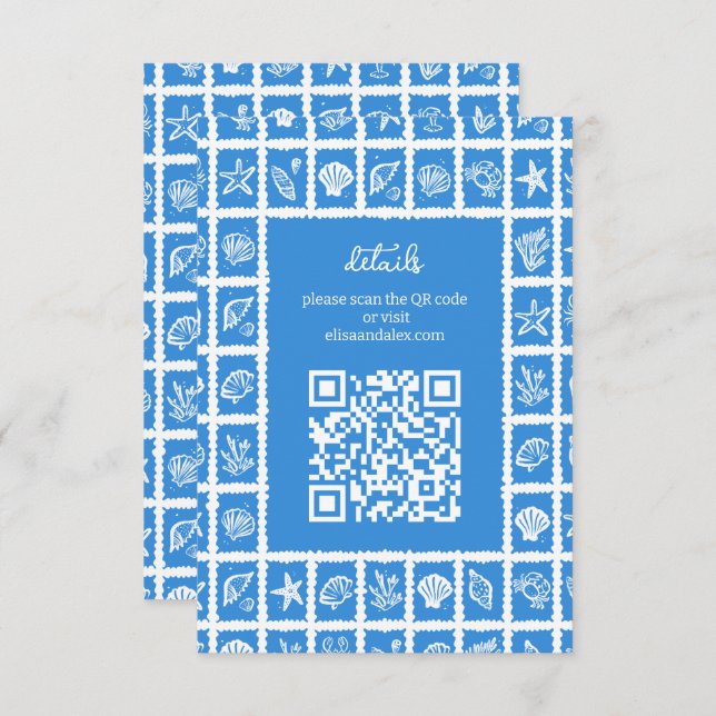 Seashell Grid Beach Wedding CUSTOM QR Code Begleitkarte (Vorne/Hinten)