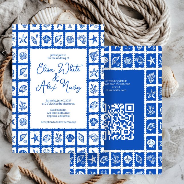 Seashell Grid Beach Wedding CUSTOM QR Code Einladung (Seashell Grid Beach Wedding CUSTOM QR Code Invitation
)