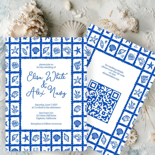 Seashell Grid Beach Wedding CUSTOM QR Code Einladung (Seashell Grid Beach Wedding CUSTOM QR Code Invitation
)