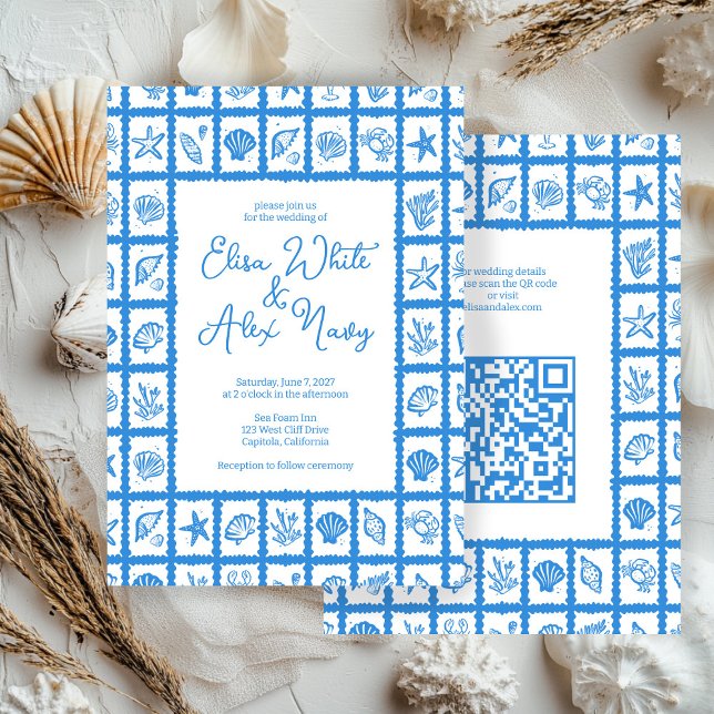 Seashell Grid Beach Wedding CUSTOM QR Code Einladung (Seashell Grid Beach Wedding CUSTOM QR Code Invitation
)