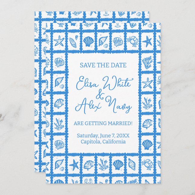 Seashell Grid Beach Wedding CUSTOM QR Code Save The Date (Vorne/Hinten)