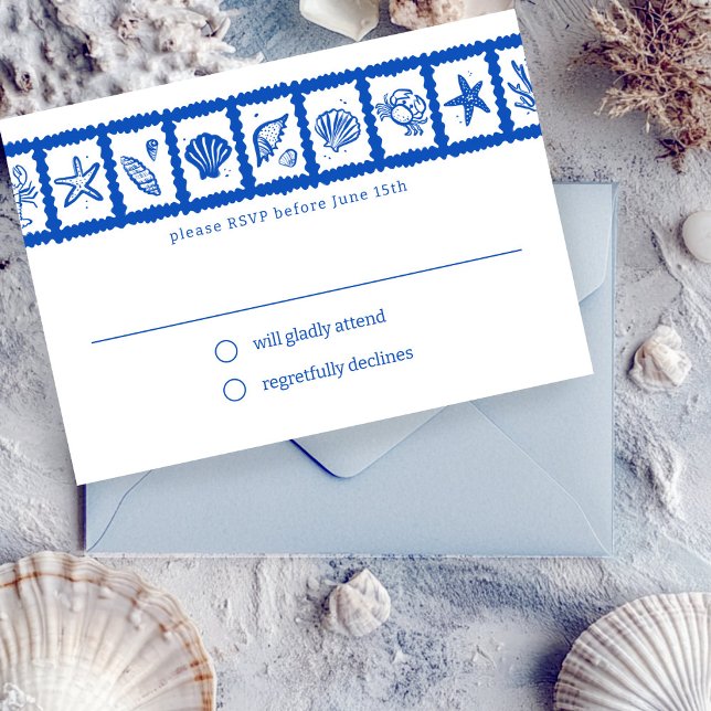 Seashell Grid Beach Wedding CUSTOM RSVP Karte (Seashell Grid Beach Wedding CUSTOM RSVP Card
)