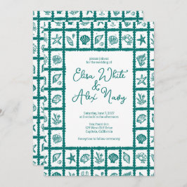 Seashell Grid Beach Wedding Green CUSTOM QR Code Einladung