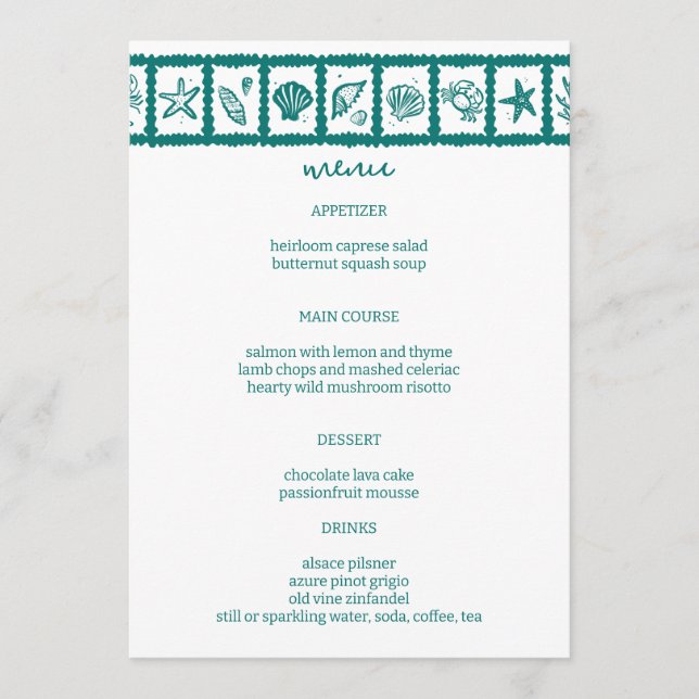 Seashell Grid Beach Wedding Green White CUSTOM Menükarte (Vorderseite)