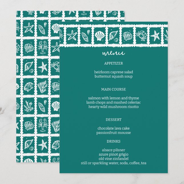 Seashell Grid Beach Wedding Green White CUSTOM Menükarte (Vorne/Hinten)