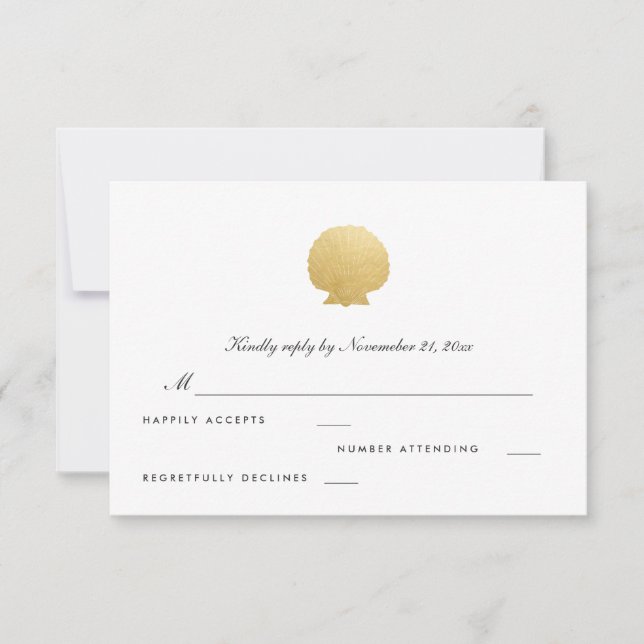 Seashell Imitate Gold Foil | Ocean Wedding RSVP Karte (Vorderseite)