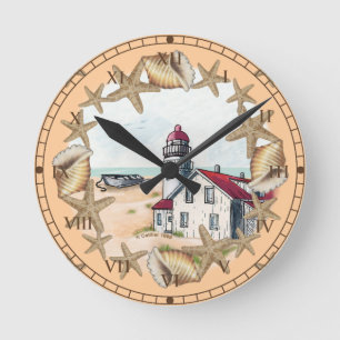 Seashell Lighthouse Runde Wanduhr
