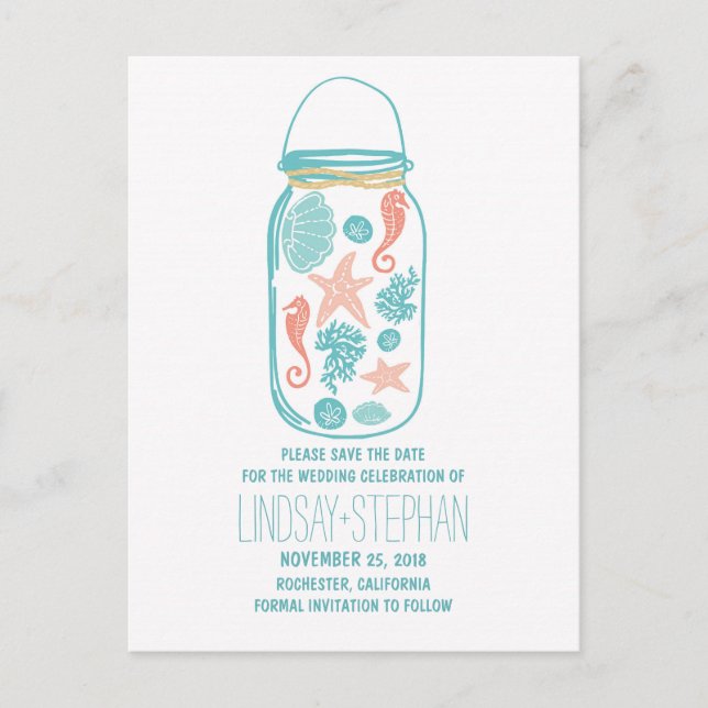 Seashell Mason Jar Beach Hochzeit Save the Date Ankündigungspostkarte (Vorderseite)