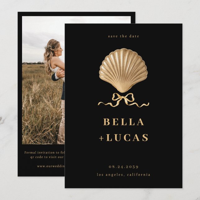 Seashell mit einer Bow Gold Beach Hochzeit in Urla Save The Date (Vorne/Hinten)