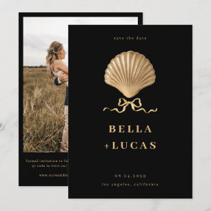 Seashell mit einer Bow Gold Beach Hochzeit in Urla Save The Date