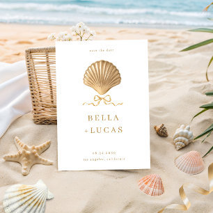 Seashell mit einer Bow Gold Beach Hochzeit in Urla Save The Date