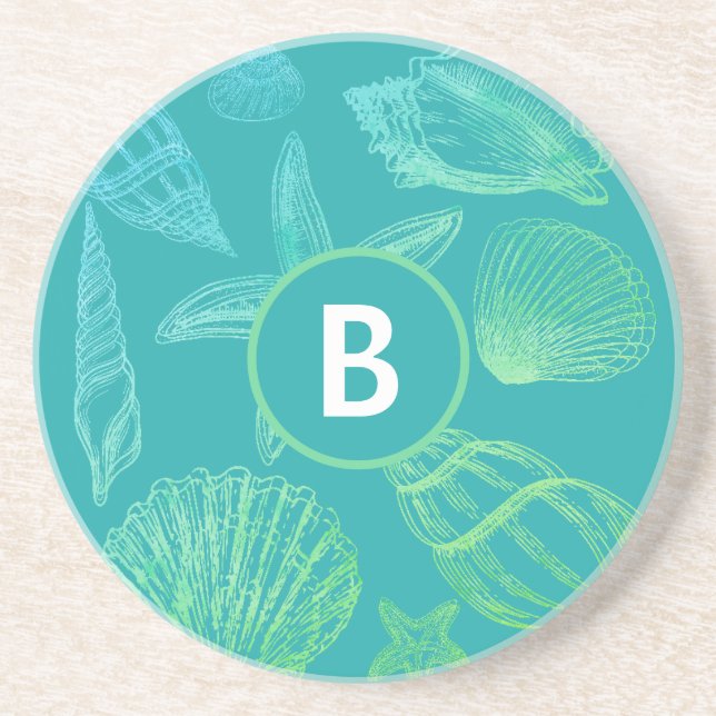 Seashell Monogram Name Blue Aquamarin Beach Musche Getränkeuntersetzer (Vorne)