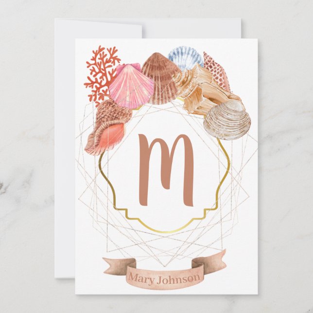 Seashell Monogram Wappen Notecard Einladung (Vorderseite)