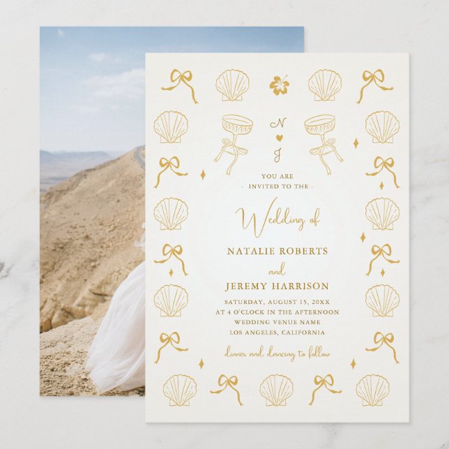 Seashell-Muschel-Hochzeit mit Handzeichen an der K Einladung (Vorne/Hinten)