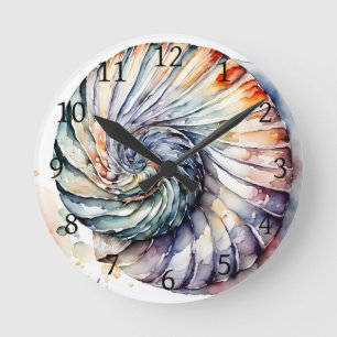 Seashell Muschel Nautilus Design 357 Wasserfarbe Runde Wanduhr