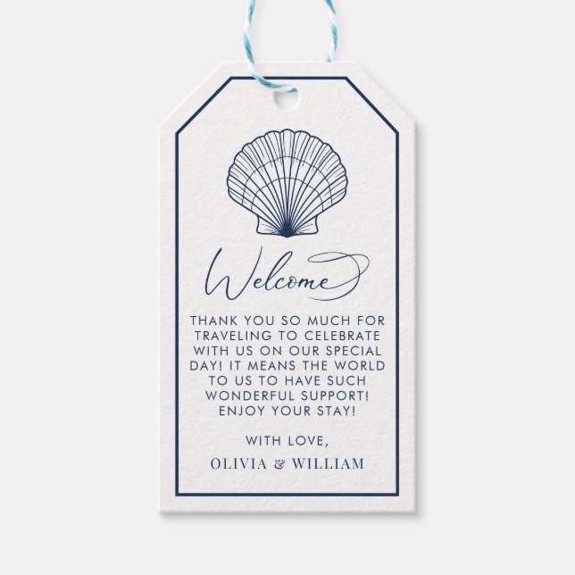 Seashell Navy Blue Beach Wedding Willkommen Geschenkanhänger (Vorderseite)