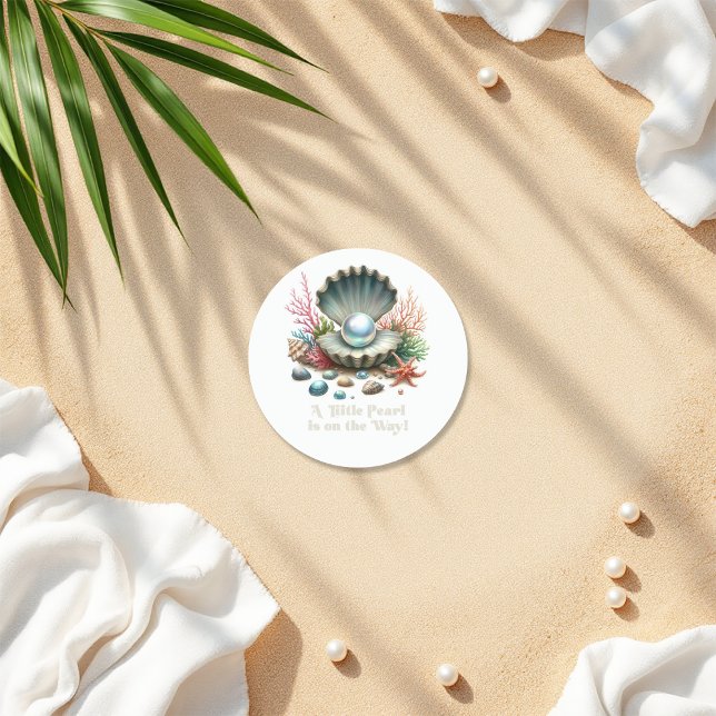 Seashell & Ocean Theme Little Pearl Baby Dusche Runder Aufkleber (Seashell & Ocean Theme Little Pearl Baby Shower Classic Round Sticker)