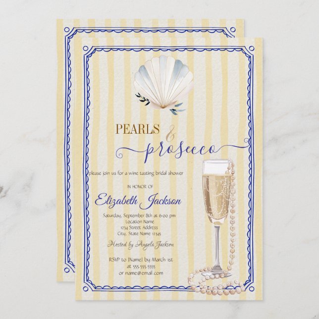 Seashell Pearls & Prosecco Gelb gestreift Einladung (Vorne/Hinten)
