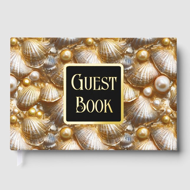 Seashell Perle echtes Goldfolie Strandbild Gästebuch (Vorderseite)