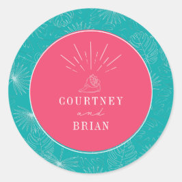 Seashell Pink & Blue Palm Tropical Beach Hochzeit Runder Aufkleber