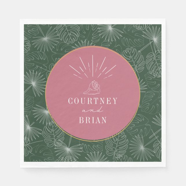 Seashell Pink & Green Palm Tropical Beach Hochzeit Serviette (Vorderseite)