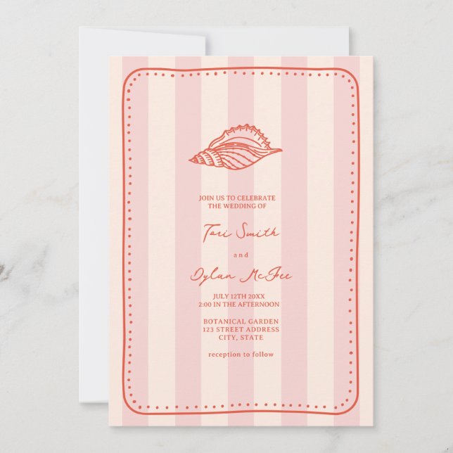 Seashell Pink Stripe Tropical Wedding Einladung (Vorderseite)