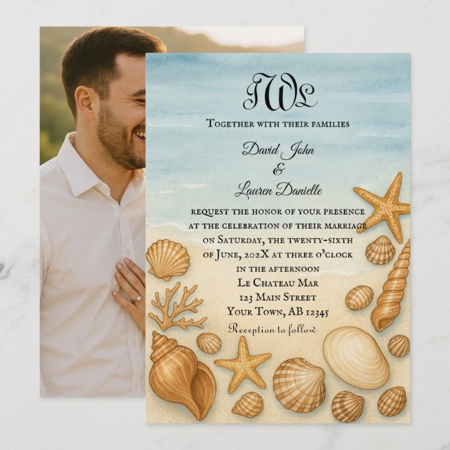 Seashell Serenade Foto Wedding Einladung (Vorne/Hinten)