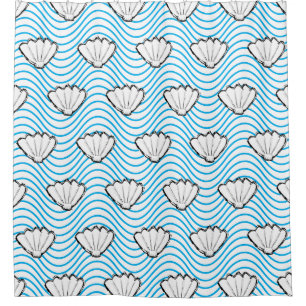 Seashell Sketch weiß und blau Wellenmuster Duschvorhang
