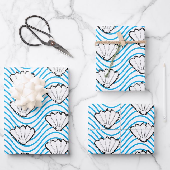 Seashell Sketch weiß und blau Wellenmuster Geschenkpapier Set (Vorderseite)