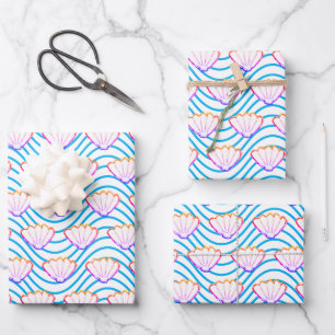 Seashell Sketch weiß und blau Wellenmuster Geschenkpapier Set