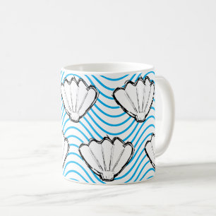 Seashell Sketch weiß und blau Wellenmuster Kaffeetasse