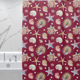 Seashell & Starfish Muster auf Maroon-Hintergrund Duschvorhang