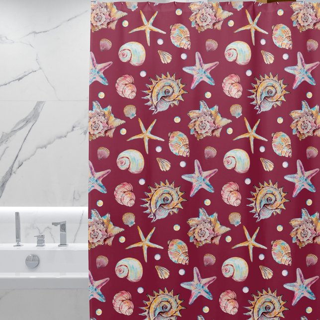 Seashell & Starfish Muster auf Maroon-Hintergrund Duschvorhang (Von Creator hochgeladen)